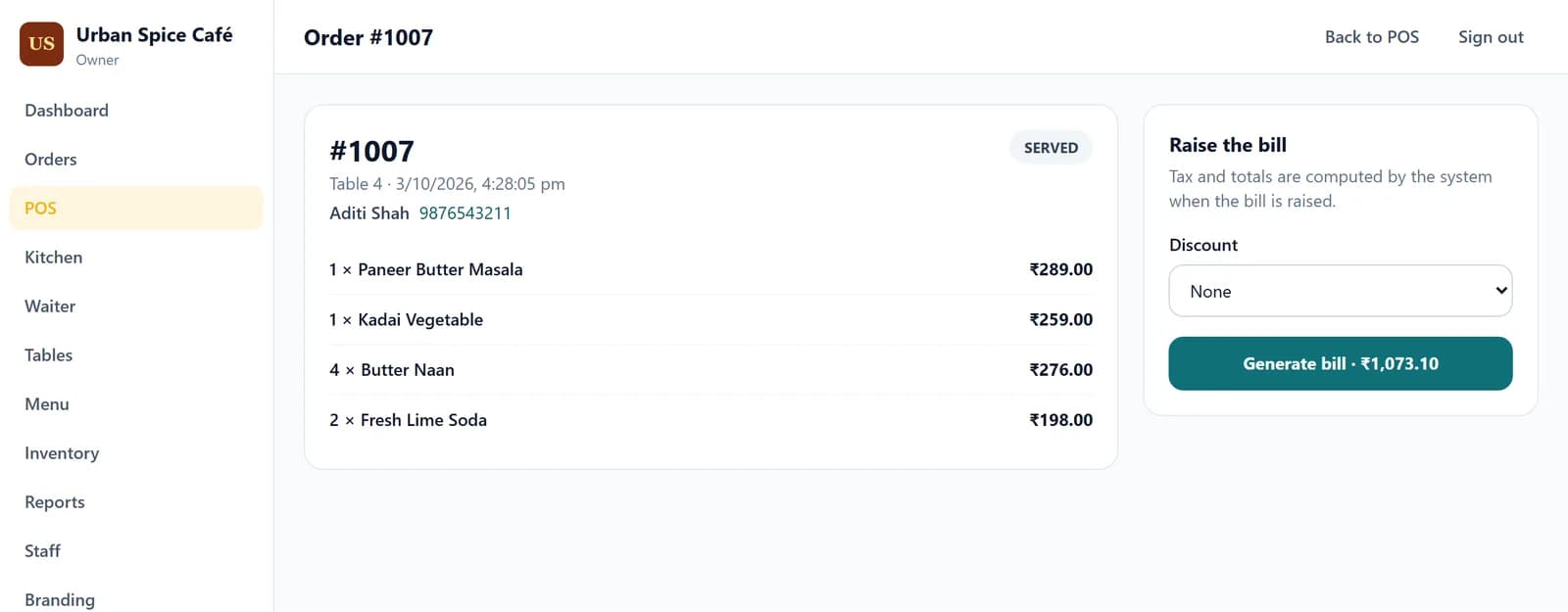 One order ready to bill, with its items and a button to generate the bill