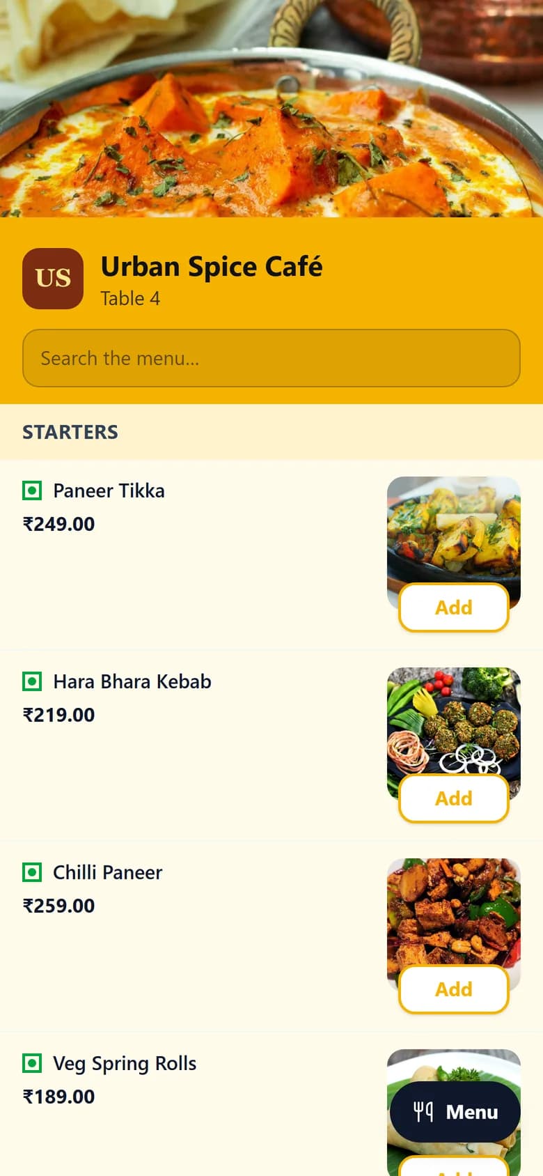 A restaurant's menu on a guest's phone, with dish photos and Add buttons