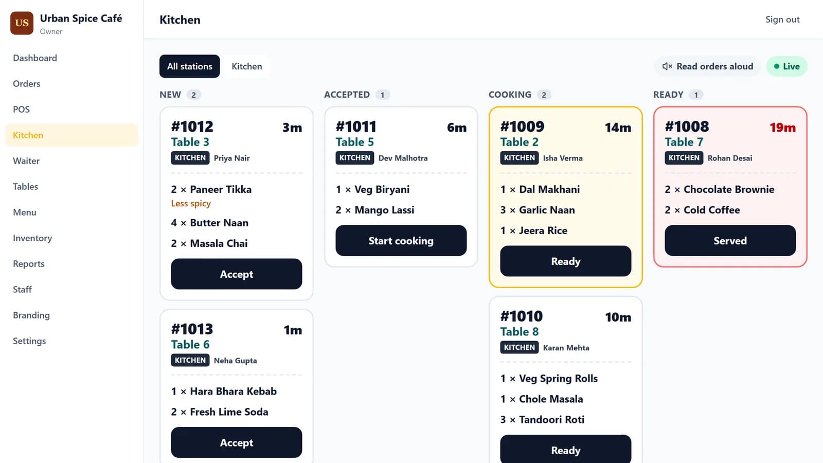 The kitchen screen, with new, accepted, cooking and ready orders for each table